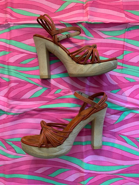 70s | Vintage Leather Suede Wood Platform Heels