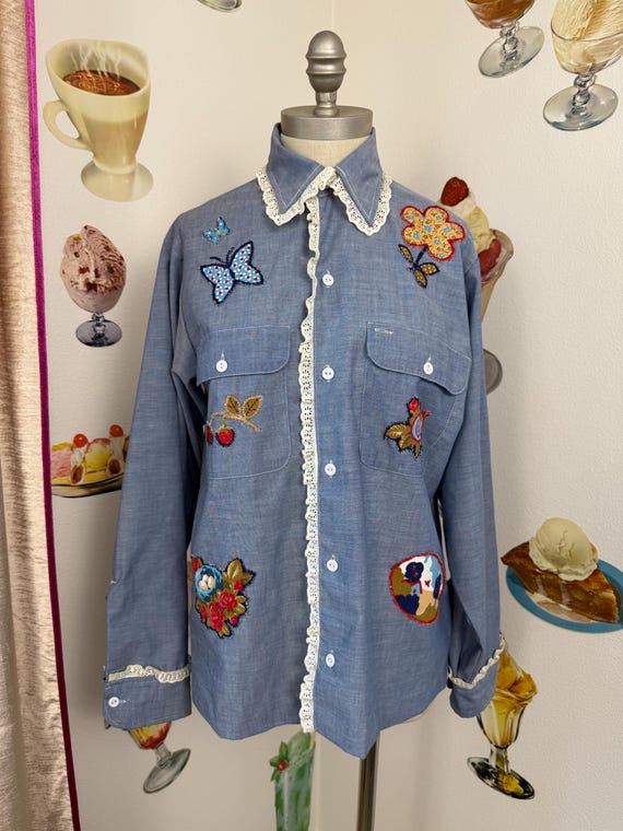 1970s JC Penney Big Mac Customized Chambray Long Sleeve Button Shirt XL
