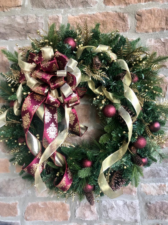 Light Up Christmas Wreath For Front Door Burgundy Gold Etsy