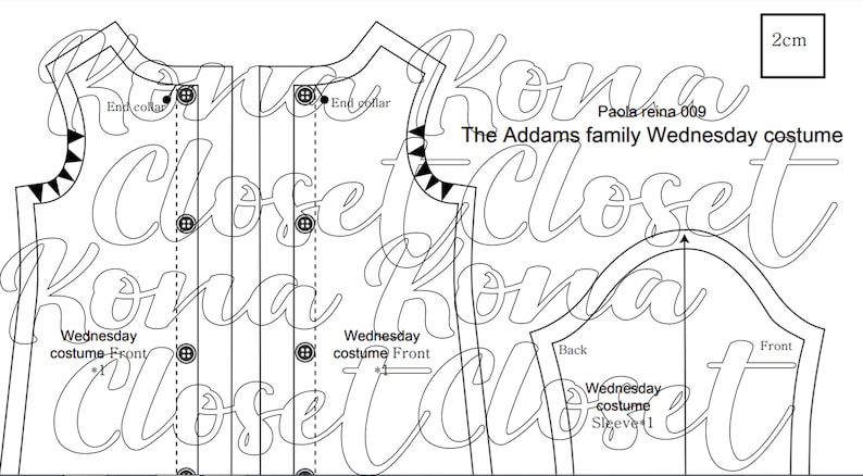 May include: A black and white line drawing pattern for a Wednesday Addams costume. The pattern includes instructions for the front, back, and sleeve of the costume. The text "The Addams family Wednesday costume" is included in the image.