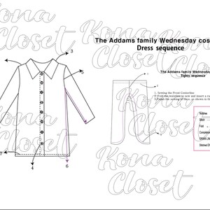 May include: A black and white line drawing of a dress pattern with instructions for sewing the front centerline, folding the waistline, and inserting a rubber band into the hole. The drawing includes stitch, fold, completion line, grain lines, and stitched end markings.