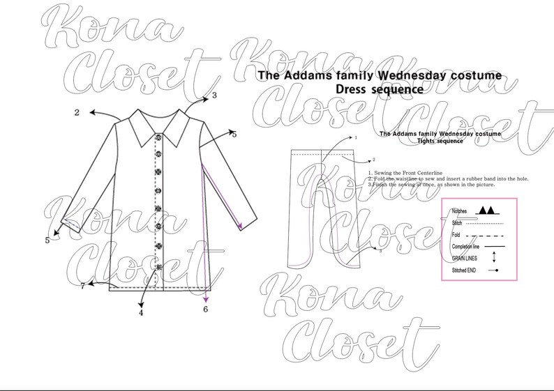 May include: A black and white line drawing of a dress pattern with instructions for sewing the front centerline, folding the waistline, and inserting a rubber band into the hole. The drawing includes stitch, fold, completion line, grain lines, and stitched end markings.