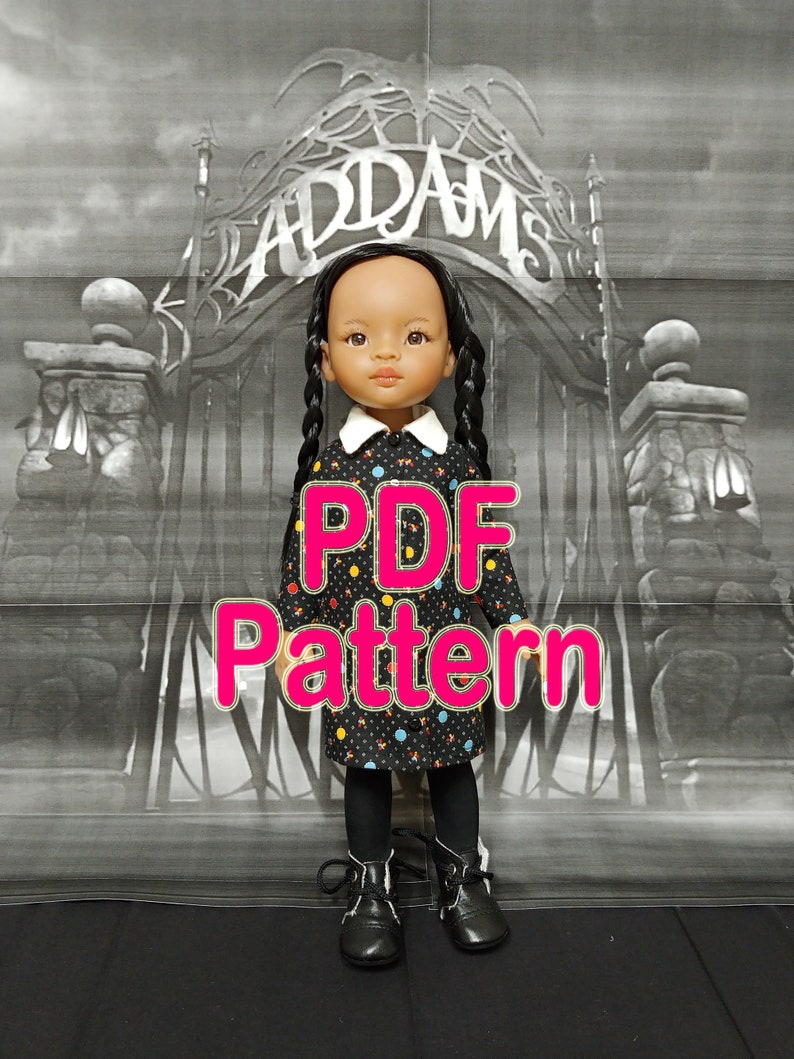 May include: A black and white doll wearing a black and white polka dot dress with a white collar. The doll has black hair in braids and is standing in front of a black and white backdrop with the word "ADDAMS" written on it. The text "PDF Pattern" is superimposed on the image.