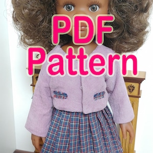 May include: A PDF pattern for a doll outfit. The doll is wearing a purple corduroy jacket and a plaid skirt. The text "PDF Pattern" is superimposed on the image.