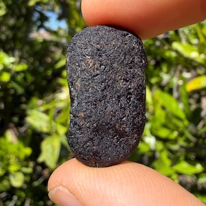 May include: A dark, oblong stone with a rough, textured surface. The stone is held between two fingers, with a blurred green background of foliage. The stone's colour is a deep, charcoal black.