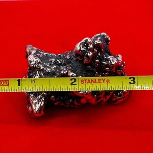 May include: A close-up of a rough, silver-colored rock with a textured surface. The rock is measured with a yellow tape measure, showing it is approximately 2 inches long.
