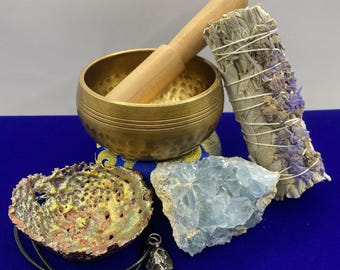 Higher Level Creations Gift Box, Meditation, Meteorite, Copper Bowl, Sage, Celestite Transformation, Pre-made Gift Box, 1 lb 12.5 ounces