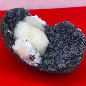 Beautiful Stilbite on Black Coral Stalactite Geode, Peaceful, Stilbite, India, Crown Chakra, Crystal, Rock Collection, 276 grams