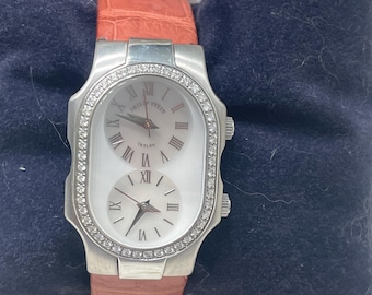 Phillip Stein Women's Teslar Diamond Watch & Leather Band Dual Time 8.75''