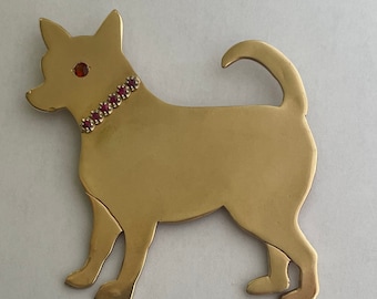 Custom Designed Hand Crafted 14K Yellow Gold Chihuahua Brooch/Pin W/Ruby Collar