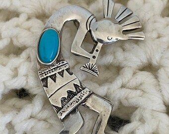 Zuni Sterling Silver Kokopelli Dancer w/Bezel Set Oval Turquoise Cabochon 18.34g Pendant
