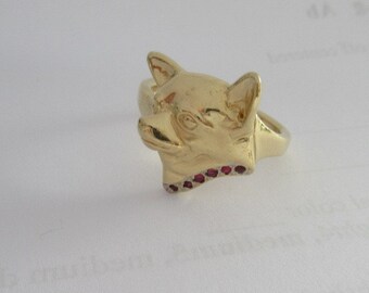 14K Yellow Gold Chihuahua Head Ring With Ruby Collar Size 9.5 Chihuahua Jewelry
