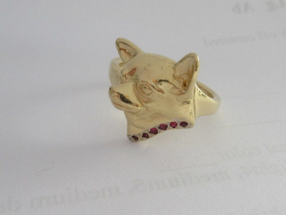 14K Yellow Gold Chihuahua Head Ring With Ruby Col… - image 1