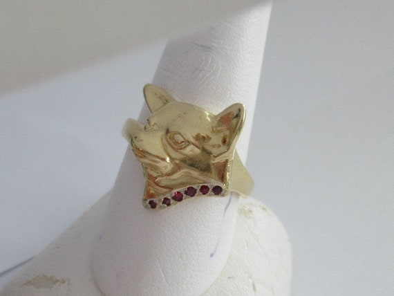 14K Yellow Gold Chihuahua Head Ring With Ruby Col… - image 3