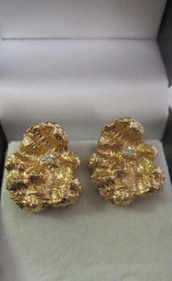 14K Yellow Gold Nugget Diamond Earrings - image 8