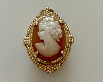 14K Egg Shape Cameo Pendant With 1 Diamond, Half Slice Pearls, Synthetic Emerald, Ruby & Sapphire