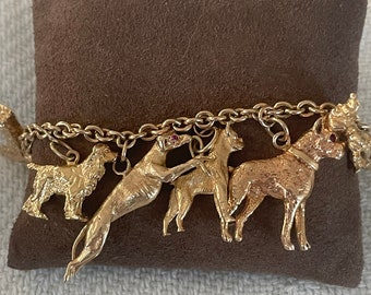 Dog Lovers 14K Yellow Gold Dog Charm Bracelet, Dimensional Charms 8'' Long