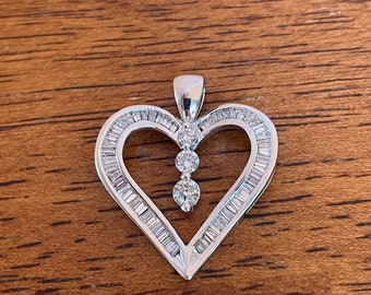 14K White Gold Baguette & Round Brilliant Diamond Heart Pendant .75 carats
