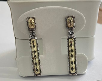 John Hardy Palu 22K Yellow Gold & Sterling Silver Rectangle Drop Earrings W/Bag