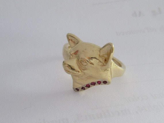 14K Yellow Gold Chihuahua Head Ring With Ruby Col… - image 2