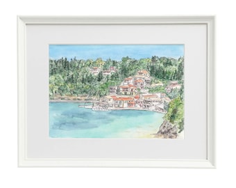 Watercolour print of Lakka Waterfront, Paxos, Greece by PoppyonPaxos