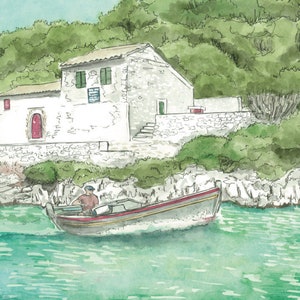 Impresión en acuarela de la iglesia en la isla Kaltsonisi de Mongonissi con un barco pesquero griego, Paxos, Grecia, por Poppy