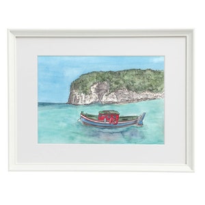 Watercolour print of a Greek Fishing Boat in Vrika Beach, Antipaxos, Paxos, Greece by Poppy
