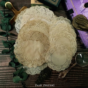 handmade coffee stained paper lace doilies ephemera paper set | Vintage junk journal kit pack, scrapbook,  y06 Y06-L