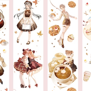 May include: A set of eight illustrated stickers featuring characters in various outfits and poses, with a cafe theme. The stickers include a girl holding a loaf of bread, two girls in plaid dresses, a girl holding a tray of pastries, a boy in a brown outfit, a girl sitting on a cup, a girl holding a cup of coffee, and a waiter holding a tray of coffee.