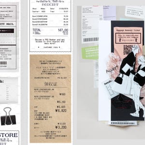 May include: A collection of receipts and a luggage removal ticket. The receipts are from a bookstore, a post office, and a Japanese store. The luggage removal ticket is black and white with the text "Baggage Removal Ticket" and "Accept" in white.
