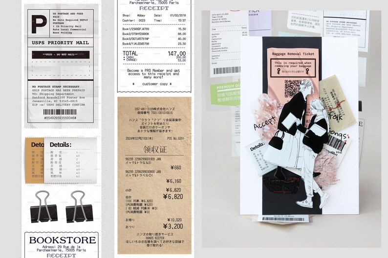 May include: A collection of receipts and a luggage removal ticket. The receipts are from a bookstore, a post office, and a Japanese store. The luggage removal ticket is black and white with the text "Baggage Removal Ticket" and "Accept" in white.