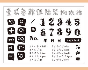 May include: Black and white number stickers with Japanese characters and English translations. The numbers are in a distressed font and are arranged in a grid. The stickers are perfect for journaling, scrapbooking, and other craft projects.