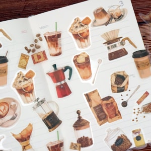 Stickers PET café | Boissons au café Grains de café Feuilles de café Autocollants en PET M02 Tzb-m