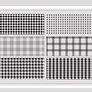 May include: A set of six black and white patterned fabric swatches. The swatches feature a variety of patterns, including checked, gingham, houndstooth, and diamond.