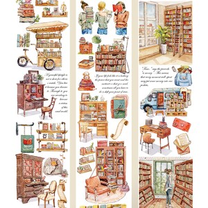 May include: A set of three washi tape designs featuring watercolor illustrations of books, libraries, and book-themed scenes. The designs include quotes about reading and books.