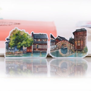 Asien traditionelle Gebäude Aufkleber | Asien schön Fluss Haus Architektur alte Stadt Kulturerbe the-cut Aufkleber ML05