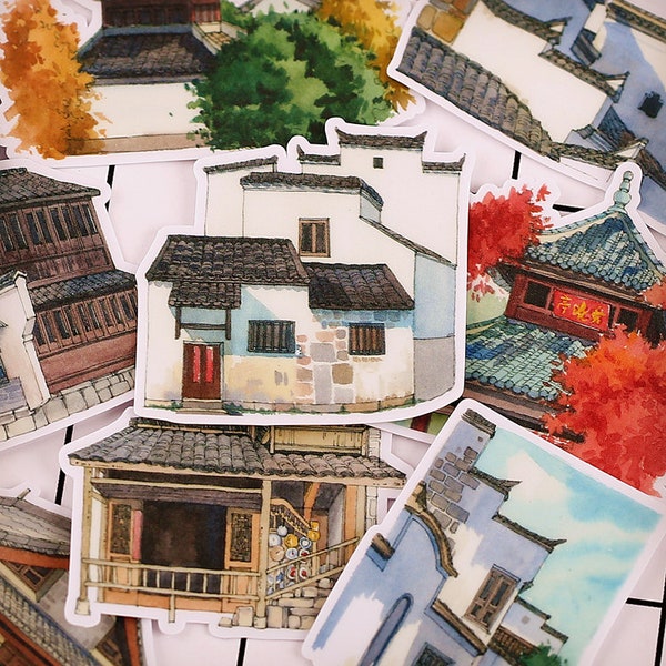 traditional buildings sticker | Asia beautiful house architecture old town heritage themed die-cut stickers ML05