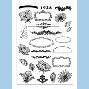 clear Stamp Set / Clear Stamps / vintage frame flower symbol themed number  m04 S01