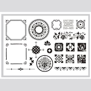May include: A collection of black and white decorative design elements. The image shows various shapes, including circles, squares, and floral patterns. These elements are suitable for crafting, scrapbooking, or other creative projects. The designs are arranged on a white background.