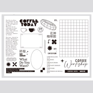 May include: A black and white illustration of a coffee cup with the text "COFFEE TODAY" above it. The image also includes a black and white illustration of a doughnut with a lightning bolt inside it. The text "COFFEE WORKSHOP" is in the lower right corner of the image.