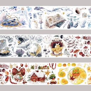 May include: Three rows of colorful watercolor illustrations featuring various whimsical and magical themes. The top row features a unicorn, a celestial dome, and stars. The middle row features a whale, a seashell, and a crescent moon. The bottom row features a red house, a Christmas tree, and a bowl of fruit.