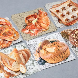 May include: A selection of baked items, such as pretzels, croissants, bread, and muffins, are displayed on patterned paper. The image presents a variety of breads and pastries, highlighting diverse textures and colours, suitable for a bakery or food-related theme.