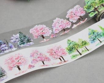 Four Season Trees PET Washi Tape, Watercolor Botanical Scrapbooking, Spring Sakura Summer Greens Autumn Winter Snow Trees Nature  M04