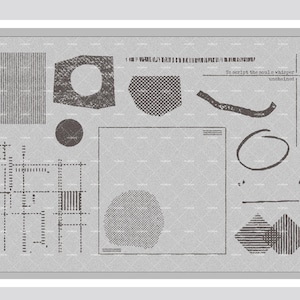 May include: A grey abstract design featuring various shapes and textures. The image includes a circle, a square, and other geometric forms, along with the text "To script the soul's whisper unchained."