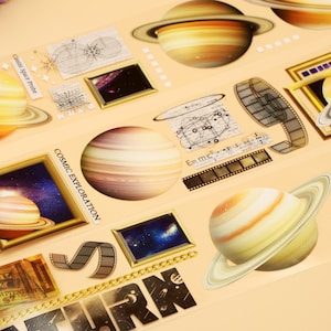 May include: A collection of colorful stickers featuring illustrations of Saturn, the planet's rings, and space-themed elements. The stickers include text like "Cosmic Exploration" and "National Museum of Astronomy".