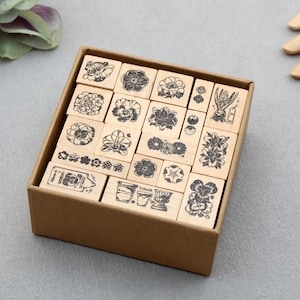 Jeu de tampons en caoutchouc en bois | Lot d'estampes en bois fleur plante nature botanique vintage thème numéroté motif m04 ST-BX