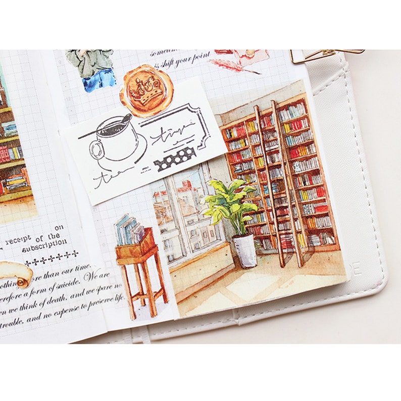 May include: A watercolor illustration of a bookshelf with a ladder, a potted plant, and a window. The bookshelf is filled with books and the window looks out onto a city street. The illustration is printed on a white background.