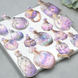 May include: A collection of decorative potion bottles in various shapes and sizes. The bottles feature intricate designs with shades of purple, pink, and gold. Some have geometric patterns, while others have floral or celestial motifs. The bottles are arranged on a white surface.