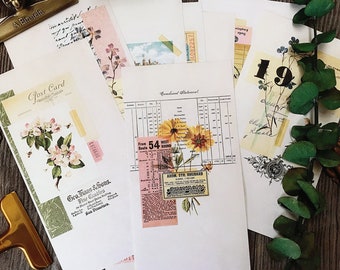 Könnte beinhalten: Ein Set an Papier-Ephemera im Vintage-Stil mit floralen Designs, darunter eine Postkarte mit einer floralen Illustration, ein Ticket mit dem Text "From Route 54 West Bound" und ein Blatt Papier mit einem floralen Design und dem Text "Combined Statement".