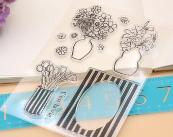 clear Stamp Set / Clear Stamps / flower bottle vase floral plant  themed Transparent Stamp S37